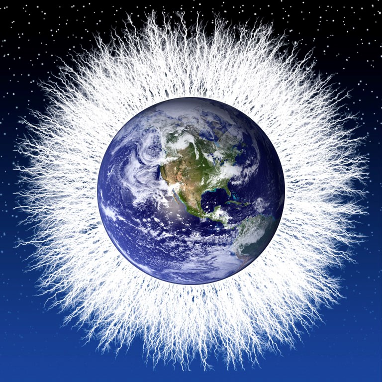 An illustration of the earth in space, centered on North America. A thicket of thin, white mycelia radiate outward around the edge of the Earth.