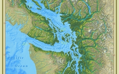 A geographical map of Salish Sea region from Vancouver BC region to Olympia region